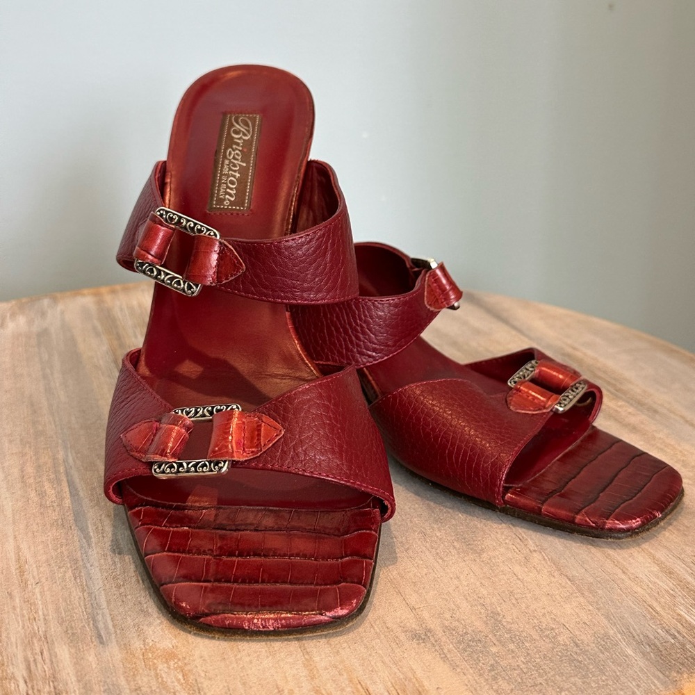 Brighton Red Leather Croc embossed slide on mule heels ornate buckle size 9.5